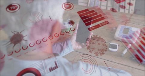 Elderly Woman Engaging with Smartphone Surrounded by Data Visualizations