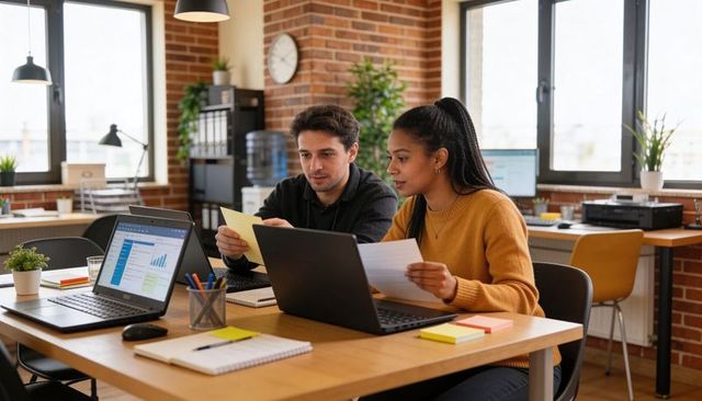 Diverse colleagues reviewing charts on laptops collaborating in modern open-plan office workspace