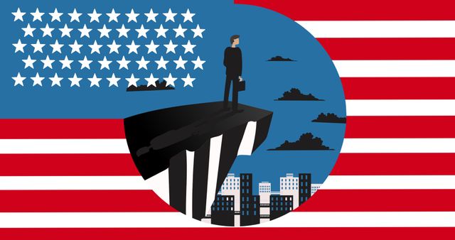 Businessperson standing on cliff over surreal American flag background with city skyline and clouds. Ideal for concepts of leadership, challenges, opportunities, patriotism, and business in the USA. Useful for editorial, advertising, promotional material related to business and finance.