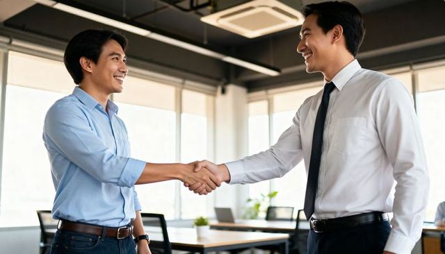 Two asian men shaking hands in modern office meeting smiling for business partnership