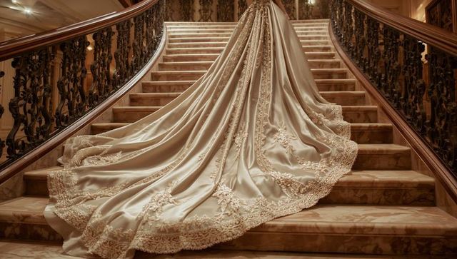 Luxury ivory satin wedding gown train on marble stairs
