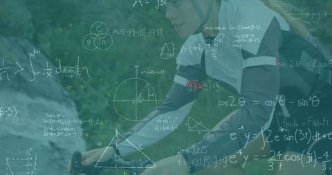 Female Cyclist with Mathematical Equations Overlay