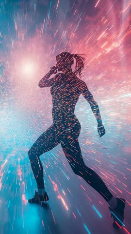 Vertical video: Female athlete running and answering phone call in pulsing neon orb tunnel