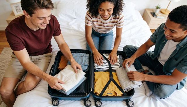 Young friends packing carry-on suitcase for weekend getaway, smiling while organizing