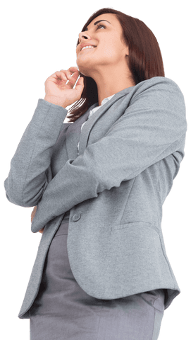 Transparent Confident Businesswoman Looking Up with Smile