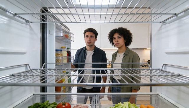 Couple inspecting open refrigerator searching for ingredients and meal ideas