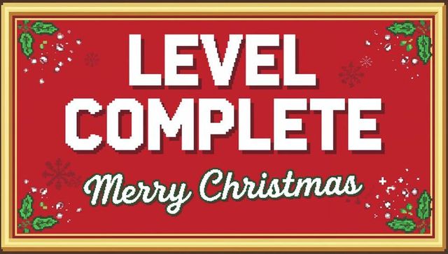 Retro 8-bit christmas level complete banner with gold frame and holly accents