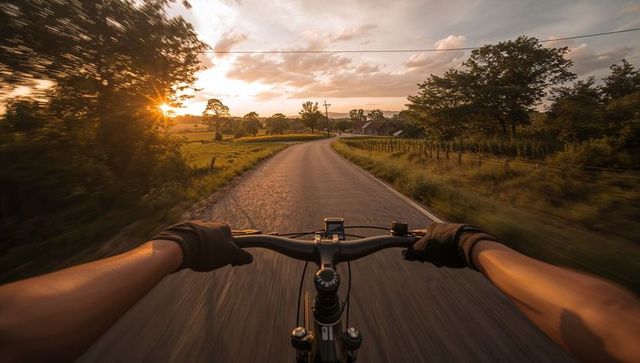 Cycling into Golden Hour on Winding Country Road POV with Gloved Hands on Handlebars