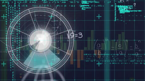 Futuristic Data Scanner and Math Equations on Blue Background
