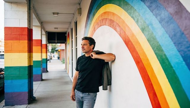 Leaning man wearing black tee holding jacket against vibrant rainbow mural urban lifestyle