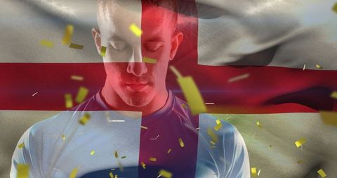 Focused Rugby Player with England Flag and Victory Confetti