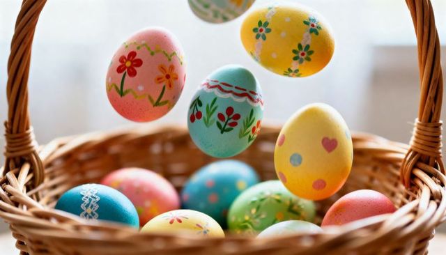 Floating hand-painted pastel easter eggs in wicker basket for spring holiday designs