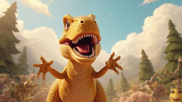 Playful Cartoon T-Rex in Sunlit Forest Clearing