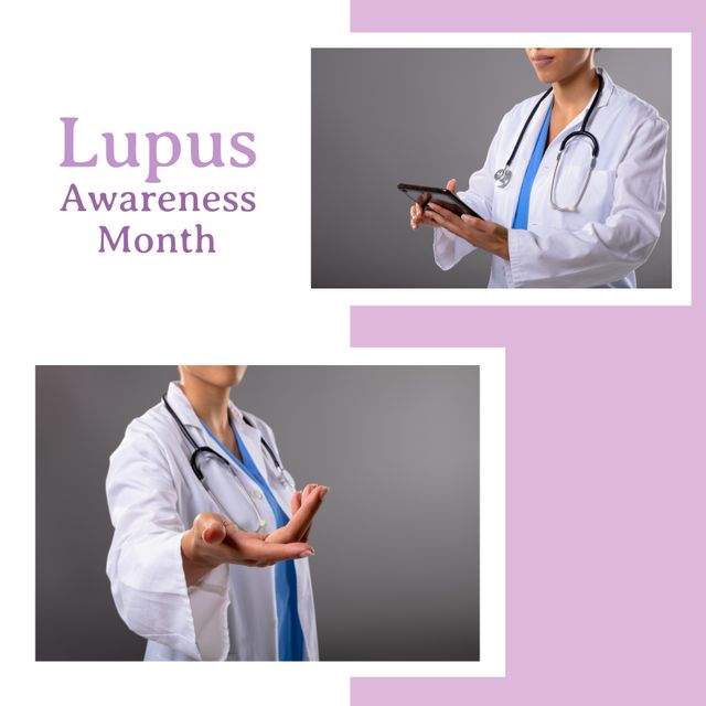 Lupus Awareness Month Design with Female Doctor Using Tablet - Download Free Stock Templates Pikwizard.com