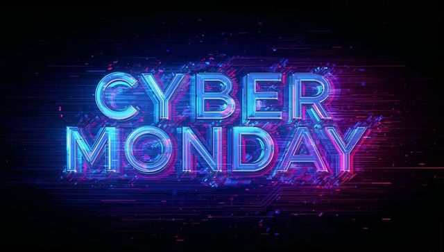 Glowing neon cyber monday sale banner with futuristic glitch pixels and scanlines