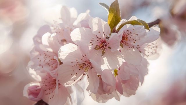 Pale Pink Cherry Blossom Cluster Bathing in Soft Spring Light, Macro Floral Closeup