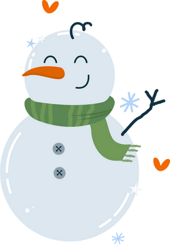 Whimsical snowman with green scarf transparent background