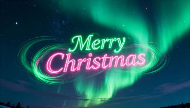 Glowing Neon Merry Christmas Text Over Dancing Northern Lights Night Sky