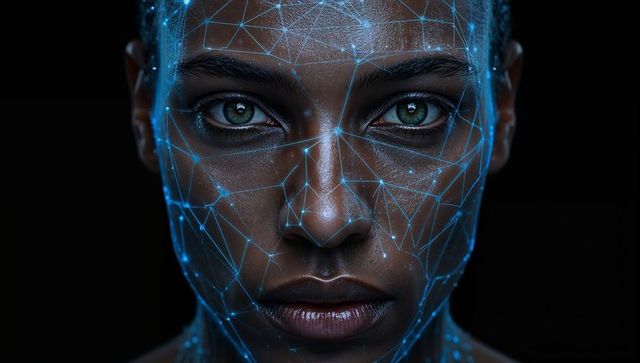 Futuristic facial mesh overlay tracing landmarks on intense closeup female portrait