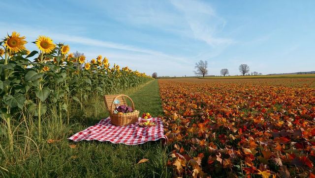 Idyllic Autumn Picnic with Sunflowers and Rustic Basket