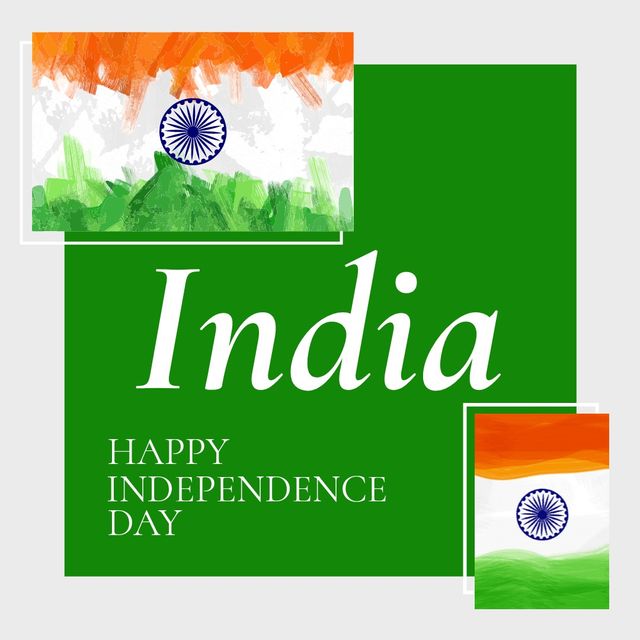 Illustration of flags with india happy independence day text on green background, copy space. Vector, indian flag, patriotism, celebration, freedom and identity concept.