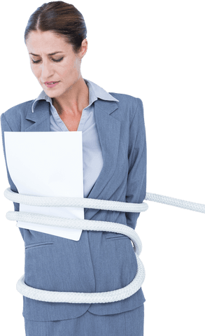 Stressed Businesswoman Tied in Rope on Transparent Background