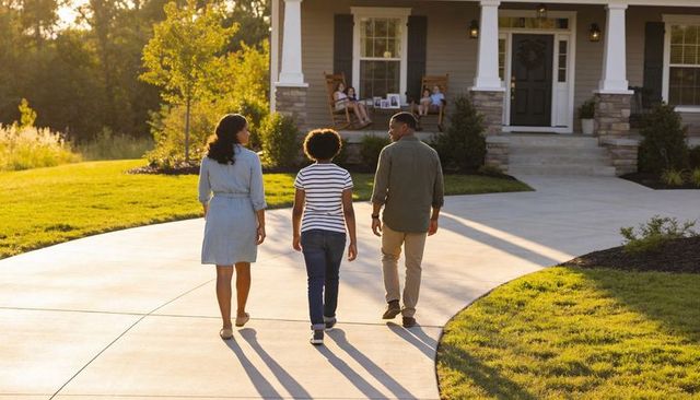 Multigenerational family walking toward suburban home at golden hour on curved driveway