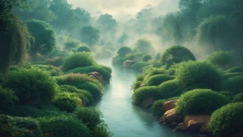Tranquil river meandering through misty forest, garden of eden concept