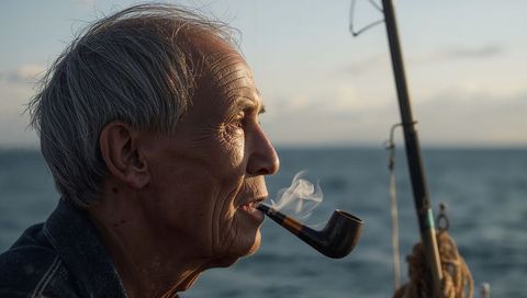 Senior Fisherman Smoking Pipe at Sea During Tranquil Sunset