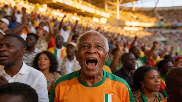 Senior fan shouting and cheering in orange and green jersey at packed stadium crowd