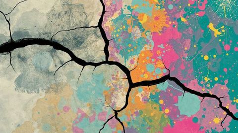Cracked canvas with multicolor paint splatters and earthquake textured surface