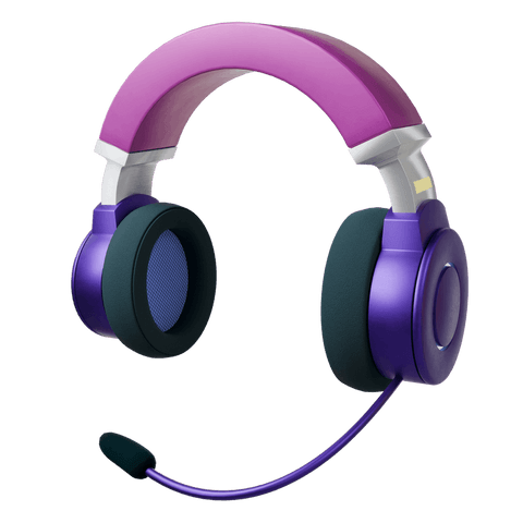 Floating transparent 3d gaming headset with purple earcups and pink band, mic boom
