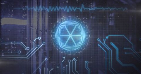 Futuristic Holographic HUD Reticle Over Circuit Grid with Neon Diagnostics Waveform