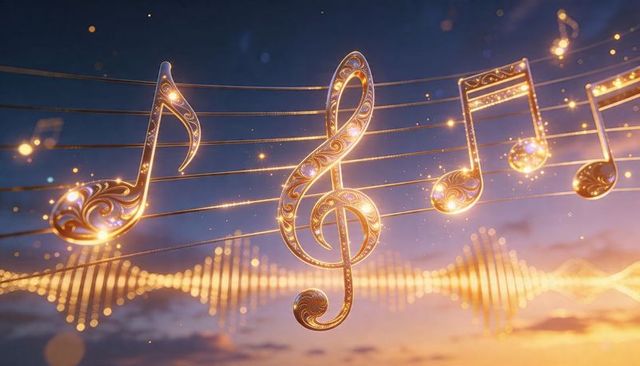 Ornate golden treble clef and glowing musical notes floating on staff at dusk