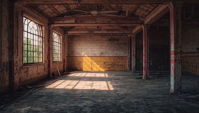 Sunlit Abandoned Warehouse with Rustic Industrial Aesthetic