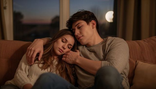 Young couple cuddling on sofa during warm twilight, cozy romantic evening at home