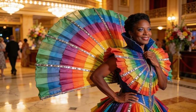 Performer posing in rainbow couture gown with dramatic pleated fan in grand ballroom