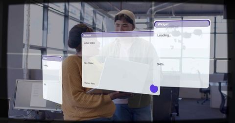 Colleagues collaborating with laptop and floating ui panels in modern office