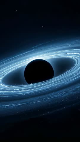 Vertical 4K video of black hole accreting gas with glowing blue rotating accretion disk