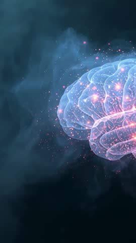 Holographic Brain Rotating in Mist Emitting Glowing Neural Sparks | Vertical Science Video