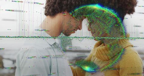 Romantic Couple Embracing with Digital Glitch Overlay