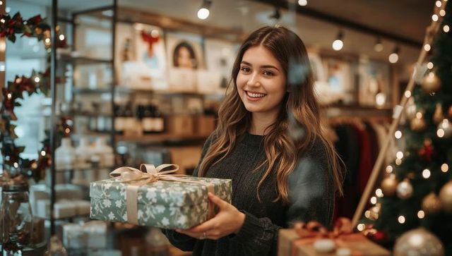 Smiling woman holding wrapped holiday gift in boutique with warm christmas lights