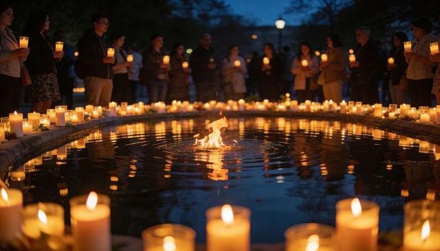 Community Holding Candlelight Vigil Around Reflecting Pool With Central Flame at Dusk