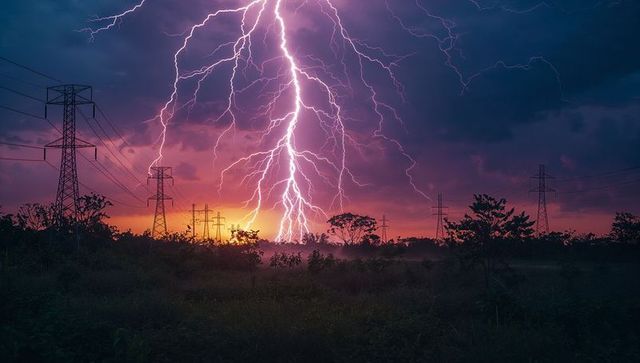 Dramatic lightning storm over lush grassland at dusk