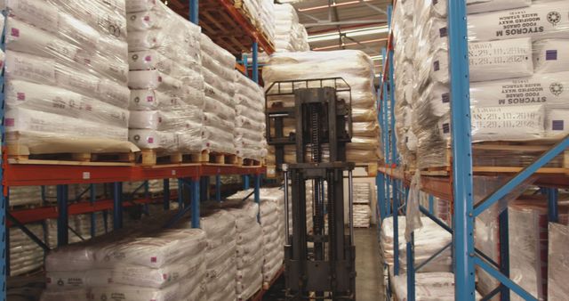 Forklift operator stacking large, heavy bags on high shelves in a warehouse. Helpful for illustrating industrial storage practices and logistics operations. Useful for articles, blogs, or advertisements related to warehouses, distribution centers, supply chain management, and logistics.