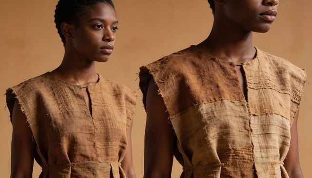 Wearing rustic patchwork linen dresses on twin women models, warm textured portrait