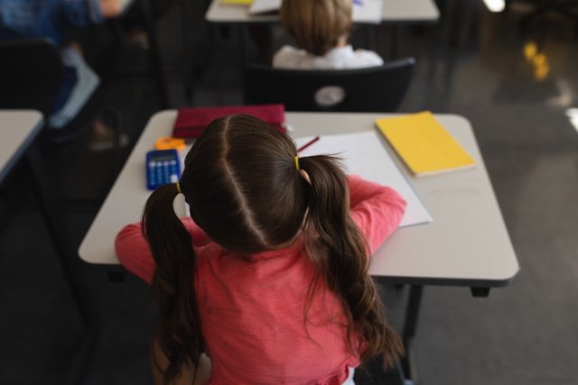 Rear view of a schoolgirl with pigtails studying in a classroom. She is sitting at a desk with books and writing materials. Ideal for use in educational content, school-related articles, or advertisements for educational products.