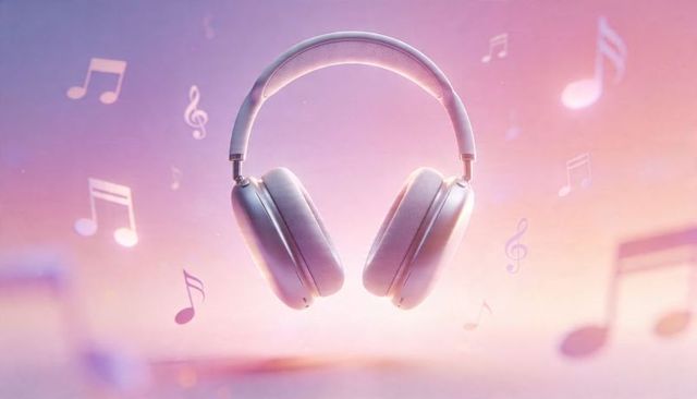 Floating pastel over-ear headphones surrounded by musical notes and soft bokeh glow