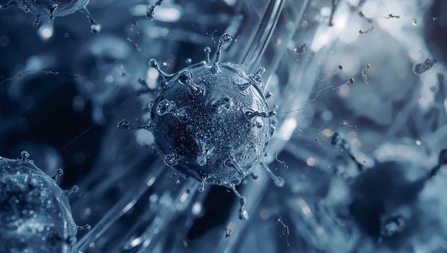 Floating viral particle interacting with filaments and droplets in magnified microscopic view