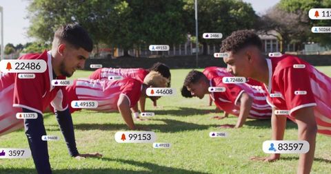 Youth soccer team doing synchronized push-ups with floating social engagement badges